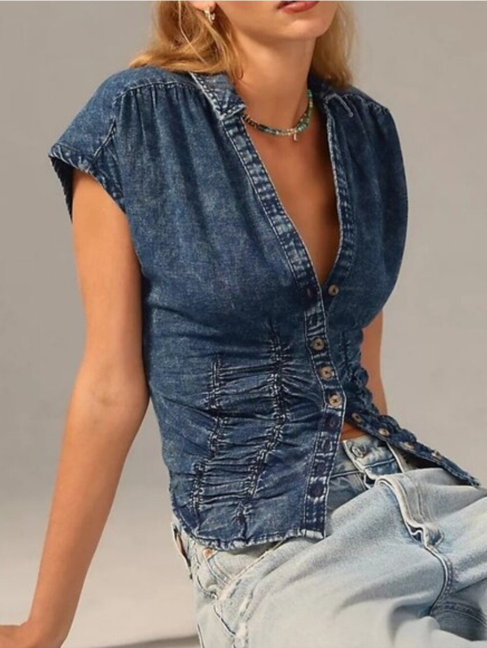 PILCRO by Anthropologie Ruched Indigo Soft Denim Blouse Button Front Western XL